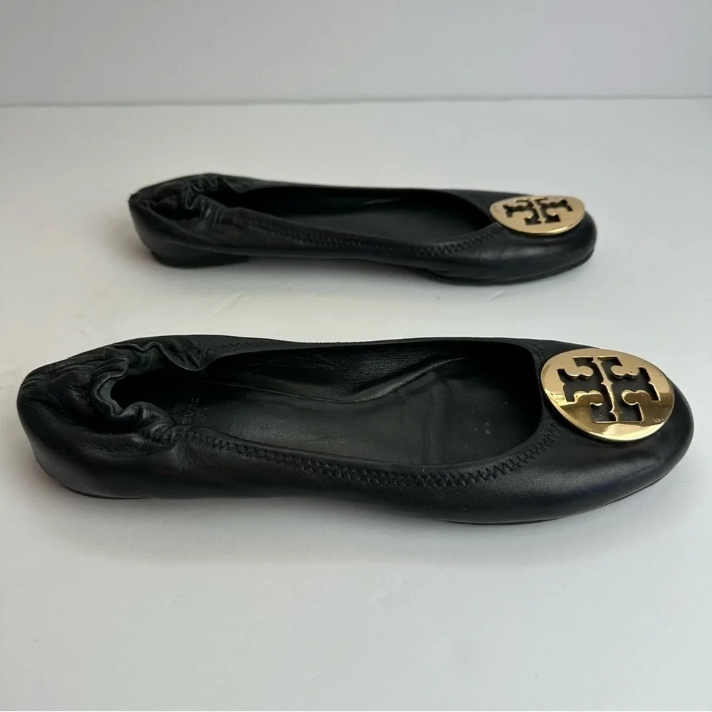 Tory Burch Ballet Flats Black Women's Size 7 Shoes Black Gold Medallion Leather